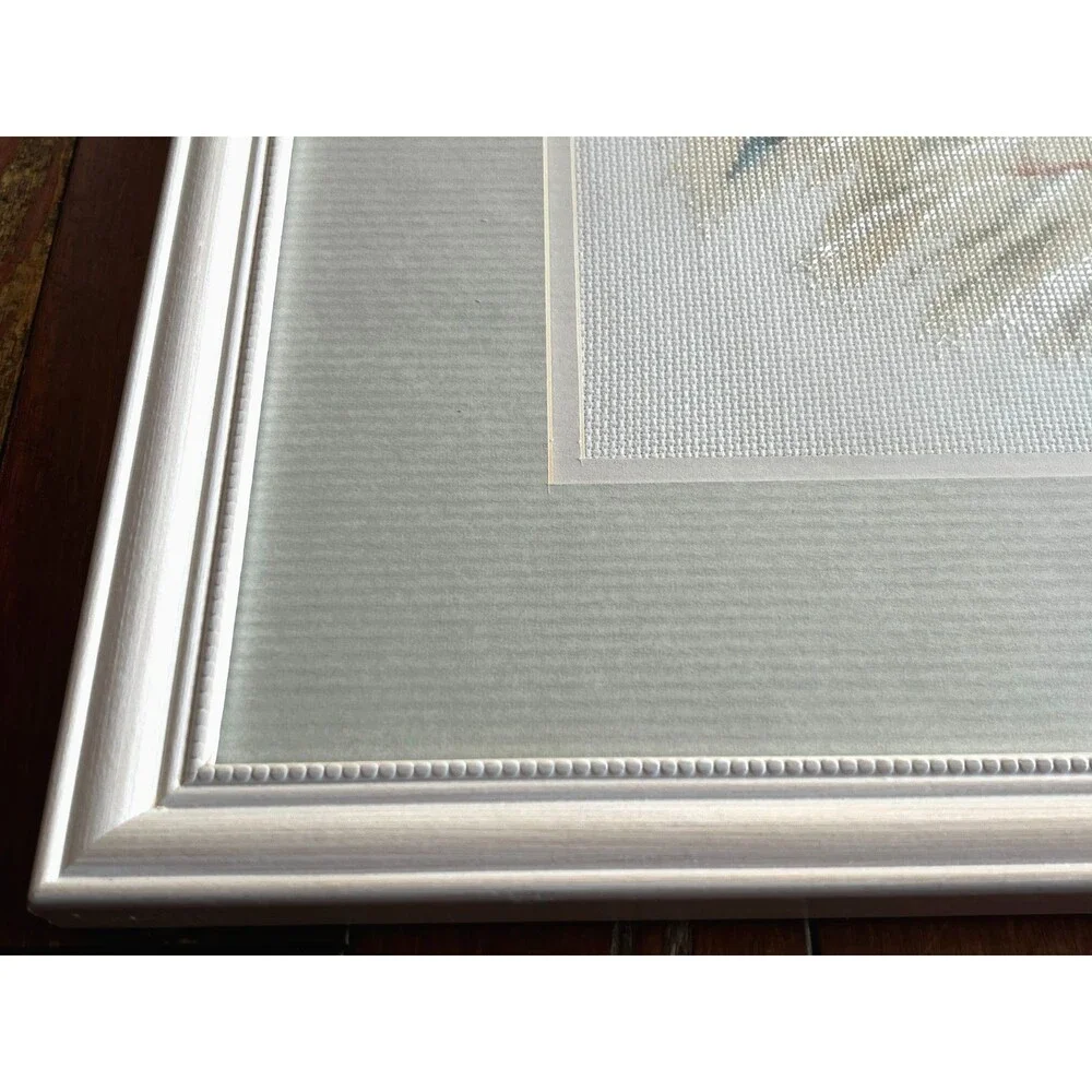 Vtg Handmade Framed Cross-stitch Wall Art Horse Pony Woman Pastel Prairie Floral